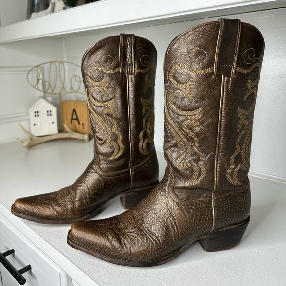 Shyanne Shoes - Shyanne Women’s 10M Gold Metallic Western Cowboy Boots Distressed Brown Leather